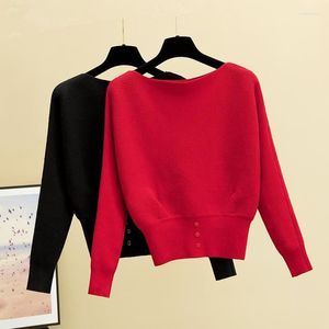 Kadın Sweaters Kadın Zarif Omuz Donanda Uzun Kollu Kazak Kadın Vintage Sonbahar 2023 Gevşek Örme Üstler Bayanlar Stil Şık Jumper G98