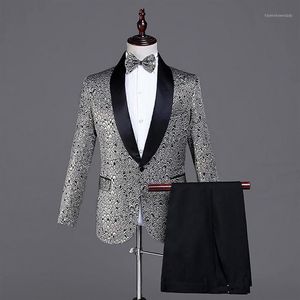 Men's Suits & Blazers Jacket Pants Bow Tie Men's Three-Piece Suit Stage Wedding Dress Shiny Print Male Fashion Slim 3045