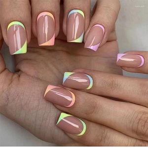 False Nails Short Square Head Nail Patch French Multi-color Gradient Digital Printing For Wearing Patches And Enhancement Products