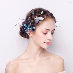 Hair Clips Blue Flower Vintage Artificial Feather Princess Girls Headpiece Barrettes For Pageant Handmade Floral Headdress