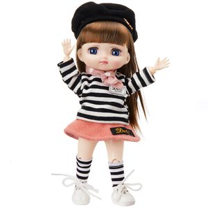 Dolls 22.5cm Cute Girl Doll Toys Cool Black Stripes Fashion Wear Movable Joint Body Big Eyes Bjd Gift for Kids Make Up 230906