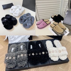 Chanellies Chanelity Mink Mohair Fur chandal Slippers Women Faux Furry Mules Cross Strap Closed Toe Mule Loafer Shoes Interlocking C Chain Pearl Clover Buckle Slide