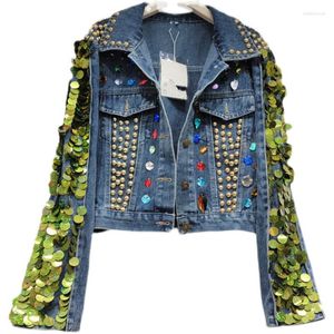 Women's Jackets Denim Jacket Women Sequins Short Top Fashion Design Heavy Handmade Pink Sequin Fall 2023 Jeans