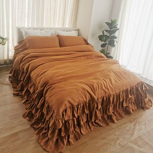 Conjuntos de cama 100 Linho Shabby Chic Ruffle Set 3 PCS Vintage Farmhouse Duvet Cover S 3 Camada Ruffled Consolador Travesseiro Shams 230906