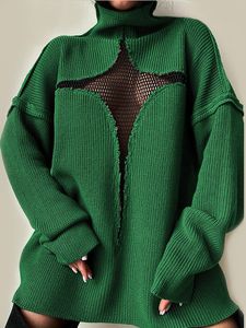 Womens Sweaters Sexy Mesh Sweater for Women Autumn Hollow Out Knitwears Long Sleeve Turtleneck Knitted Pullovers Oversize Jumper 230905