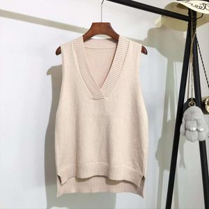 Autunno e inverno gilet lavorato a maglia con scollo a V maglione da donna sciolto tutto coordinato in lana di puro colore senza maniche