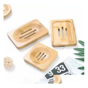 Soap Dishes Quality Wooden Dish Natural Bamboo Holder Rack Plate Tray Mti Style Round Square Container Drop Delivery Home Garden Bat Dhxov