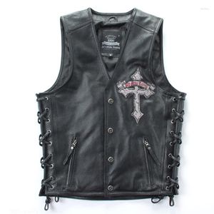 Gilet da uomo 2023 Maschio Nero Teschio Croce Ricamo Vera Pelle Slim Fit Morbida pelle bovina Gilet da motociclista Cappotti vintage firmati Taglie forti