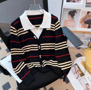 여자 스웨터 2023 가을 새로운 폴로 칼라 긴 소매 줄무늬 여자 가디건 니트웨어 패션 여성 스웨터 코트