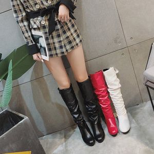Women Knee High Boots Red Black White Tall Boots Woman Pleated Low Heel Casual Leather Female Long Shoes For Girls Shoes