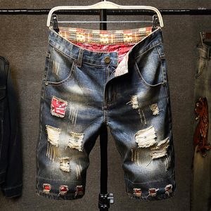 Herr jeans fem-punkts denim mönster hål förstörda byxor shorts rak sommaren grundläggande ungdom avslappnad