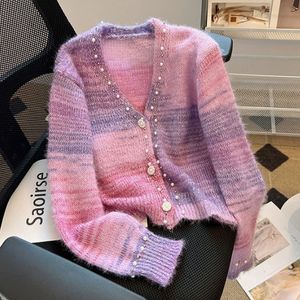 Женские вязаные футболки, розовый, фиолетовый, мягкий клейкий вязаный свитер для женщин, осенняя верхняя одежда, дизайн, кардиган с бисером и v-образным вырезом, свитер 230906