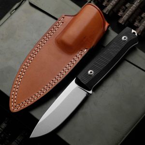 B40 Outdoor Survival Straight Knife Sleipner Steel Stone Wash Drop Point Blade Full Tang G10 Handle Fixed Blade Tactical Knives with Leather Sheath