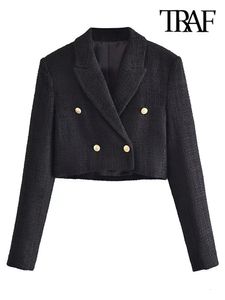 Damenanzüge Blazer TRAF Frauen Mode Tweed abgeschnitten Blazer Mantel Vintage Langarm Frontknöpfe weibliche Oberbekleidung Chic Veste Femme 230905