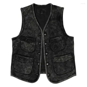 Mäns västar Western Vintage Leather Vest Cowhide äkta ärmlösa jackor Black Casual Biker Waistcoat