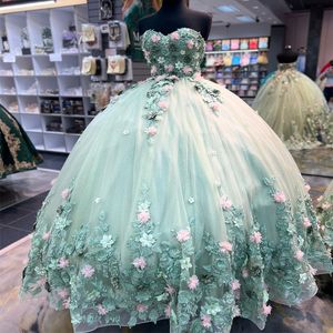 Светло-зеленые милые платья Quinceanera Sweet 16 Вечерние платья для выпускного вечера с открытыми плечами и аппликацией из кружева и тюля Vestidos De 15 Anos Бальное платье