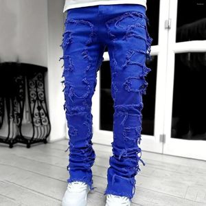 Мужские джинсы, мужские осенние длинные брюки, креативные украшения с кисточками, прямые мужские повседневные джинсовые брюки среднего стрейча в уличном стиле