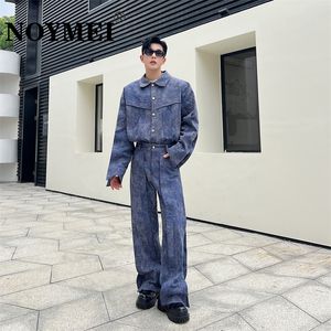 Fatos masculinos Noymei Denim Duas peças Set Moda Estilo Coreano Lapela Jaqueta Casual Reta Calças de Perna Larga Todos os Jogos Ternos de Outono WA2783 230906