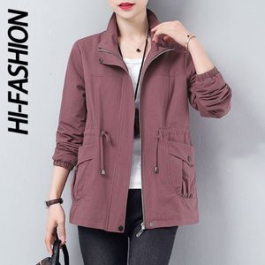 Women's Jackets HI-FASHION Double Layer Women Plus Size Spring Autumn Korean Plus Size Lining Windbreaker Drawstring Waist Stand Collar Jacket 230906