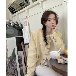 Women's Wool Blends MEXZT Vintage Tweed Jackets Women Elegant Cropped Blazer Coat Streetwear Korean Single Breasted All Match Short Outerwear Tops 230905