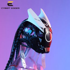 Party Masks Cyber ​​Punk Mask LED LIGTING VIT WARRIOR MED HÅR SNOW SOLDIER COSPLAY SCI-FI HELMMET HALLOWEEN Party Gifts For Man and Woman 230905