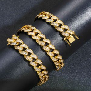 18 Karat Gelb-Weiß-Gold vergoldet, 13 mm, 40,6–61 cm, T-förmiger CZ-Stein, kubanische Halskette, 7/8-Zoll-Armband, Modeschmuck für Männer und Frauen