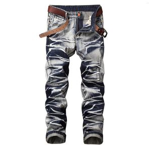 Erkekler kot şık erkek denim pantolon retro yıkama eski kıvrımlar patchwork temel pantolon giyim