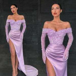 Glitter Lilac Sequins Promowe sukienki na imprezę 2023 Off Długi pociąg z rękawiczkami na zamówienie Suknie wieczorowe