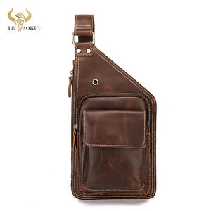 Waist Bags Thick Real Leather Men Unique Travel Triangle Chest Sling Bag Design 8" Tablet One Shoulder Strap Daypack For Male 1318 230905