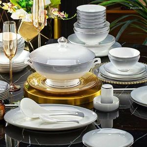 Dinnerware Sets Light Luxury Golden Edge Gradient Gray 60-Head Set Exquisite Gift Box Household Bowl Plate Combination