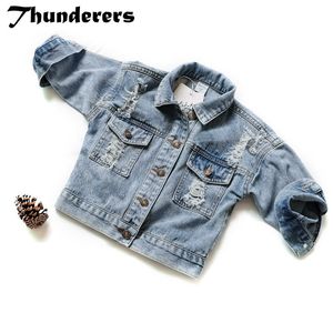 Jackets Thunderers Spring Spring Autumn Kids Jacking Girls Ripped Holes Children Coats Boys Girls Demin outerwear 의상 24m-7y 230905