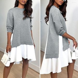 Casual Dresses Lady Midi Dress Loose Cut Stylish Women's Oregelbundna hem Sweatshirt Färgglad lapptäcke Knälängd för våren