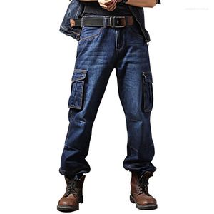 Jeans masculinos homens tático carga casual multi bolsos denim calças soltas perna reta calças de grandes dimensões desgastar-resistente ao ar livre macacão
