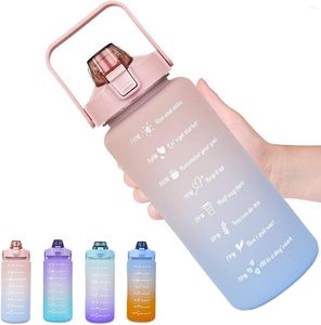 Bottiglie d'acqua Bottiglia da 2 litri di grande capacità con cannuccia e manico Tazze di colore sfumato Marcatura della misurazione del tempo per gli sport all'aria aperta