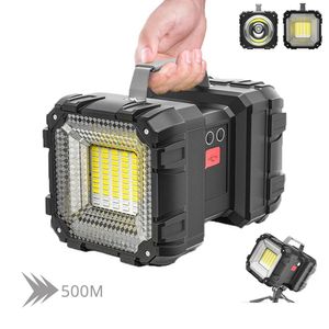 Facklampor Powerf LED -ficklampa X50 Vattentät dubbelhuvud Sökkastare USB -laddningsbar högeffekt Spotlight Lantern Torch med bas D DHNQE