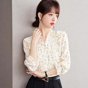 Damenblusen, gepunktetes Chiffon-Damenoberteil, elegante Mode, langärmelig, essbarer Baum, gespleißt, lockere koreanische Freizeithemdbluse, Frühling und Herbst