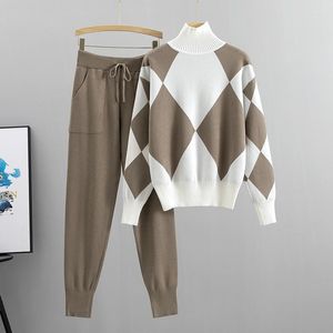 Damska odzież sutowa geomatryka sweter jesienne zima grube miękkie dzianki setki pullover długie spodni kombinezon domowy zwykłe 2PCS.