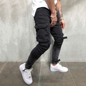 Olome helt nya män multi-pocket Biker jeans manliga smala lastjoggare byxor för män svart färg streetwear swag denim byxor t20226h