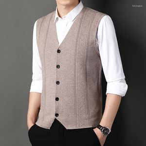 Mäns västar toppkvalitet Autumn Fashion Märke Wool Cardigan Sweater V Neck Knit Vest Men Solid Trendy Sleeveless Casual Clothing R87