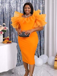 Plus Size Dresses Orange Midi For Women 4XL O Neck Ruffles Tulle Patchwork Evening Birthday Outfits Cocktail Event Occasion 2023