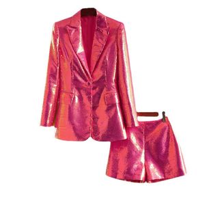 New High Quality Blazer Two Pieces Sets Long Sleeve Sequined Blazers Jacket Coat Sequins Short Pants Lady Fashion Slim Sets Suits Piece Business Party Clothing