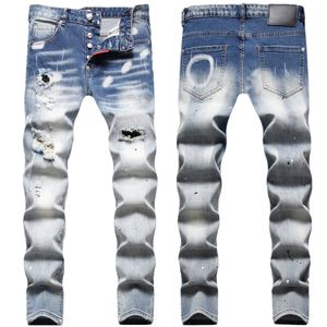 Mäns jeans gradient färg trasiga hål röriga linjer lapp patch patch stänk av färg bläck handmålat hantverk, smal montering elastiska jeans för män