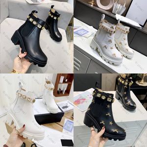 Designer Boots Women Boot Black Leather Vintage Fashion Ankle Booties Classic Mid Heel Crystal Shoe Winter G Printing Platform Shoes