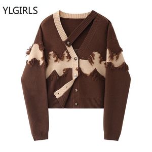 Женские свитера, осенние женские укороченные топы, винтажный корейский ретро, уличный лоскутный свитер с кисточками, кардиган, вязаная куртка 230905