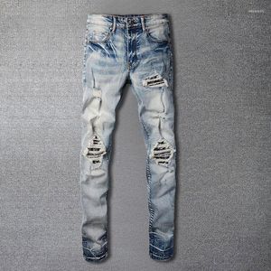 Men's Jeans Light Blue Street Retro Ripped Stitching Men Motorcycle Pants Punk Hip Hop Designer Stacked For