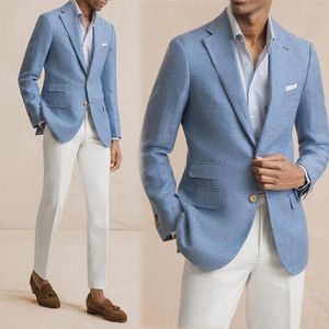 Ternos masculinos modernos sob medida 2 peças blazer azul calças brancas único breasted casamento pico lapela formal feito sob encomenda mais tamanho