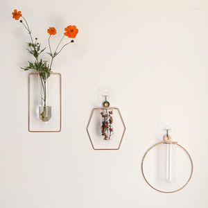 Vases Nordic Wall Mounted Golden Glass Vase Hydroponic Plant Flower Iron Geometric Test Tube Holder Modern Home Decor