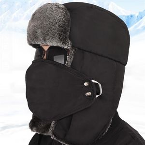 Vintage Winter Cotton Fur Hat Bomber Hats för män Kvinnor Håll varma öronlappar förtjockar Balaclava skalle Skidkåpor med mask unisex trappe231k