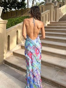 Panelled Printed Dress Women Maxi Sexy Backless Pleated Slim Halter Female Party Dresses 2023 New Chic Club Evening Lady Robe