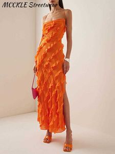 Veckade rygglösa kvinnor klänning 2023 sexig bandage hög split långa kvinnliga klubbfestklänningar orange elegant gata kväll lady robe